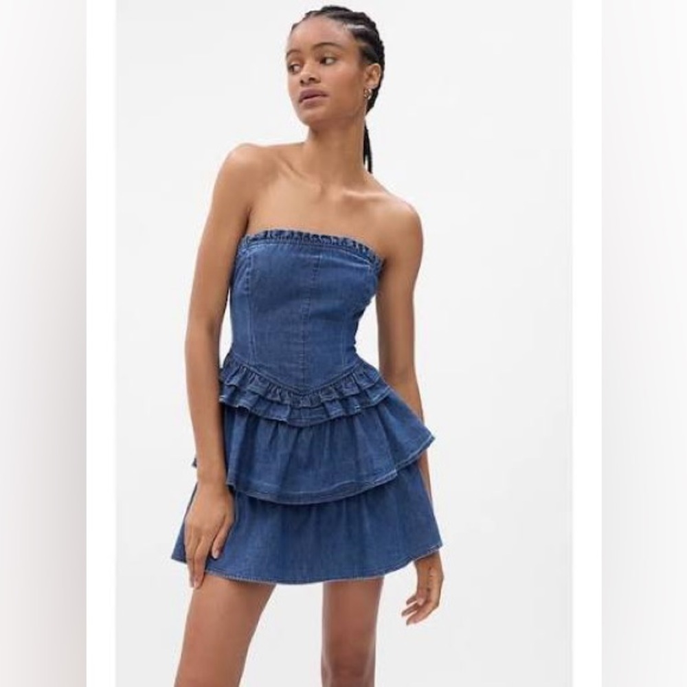 LoveShackFancy Denim Blue Strapless Peplum Crop Top